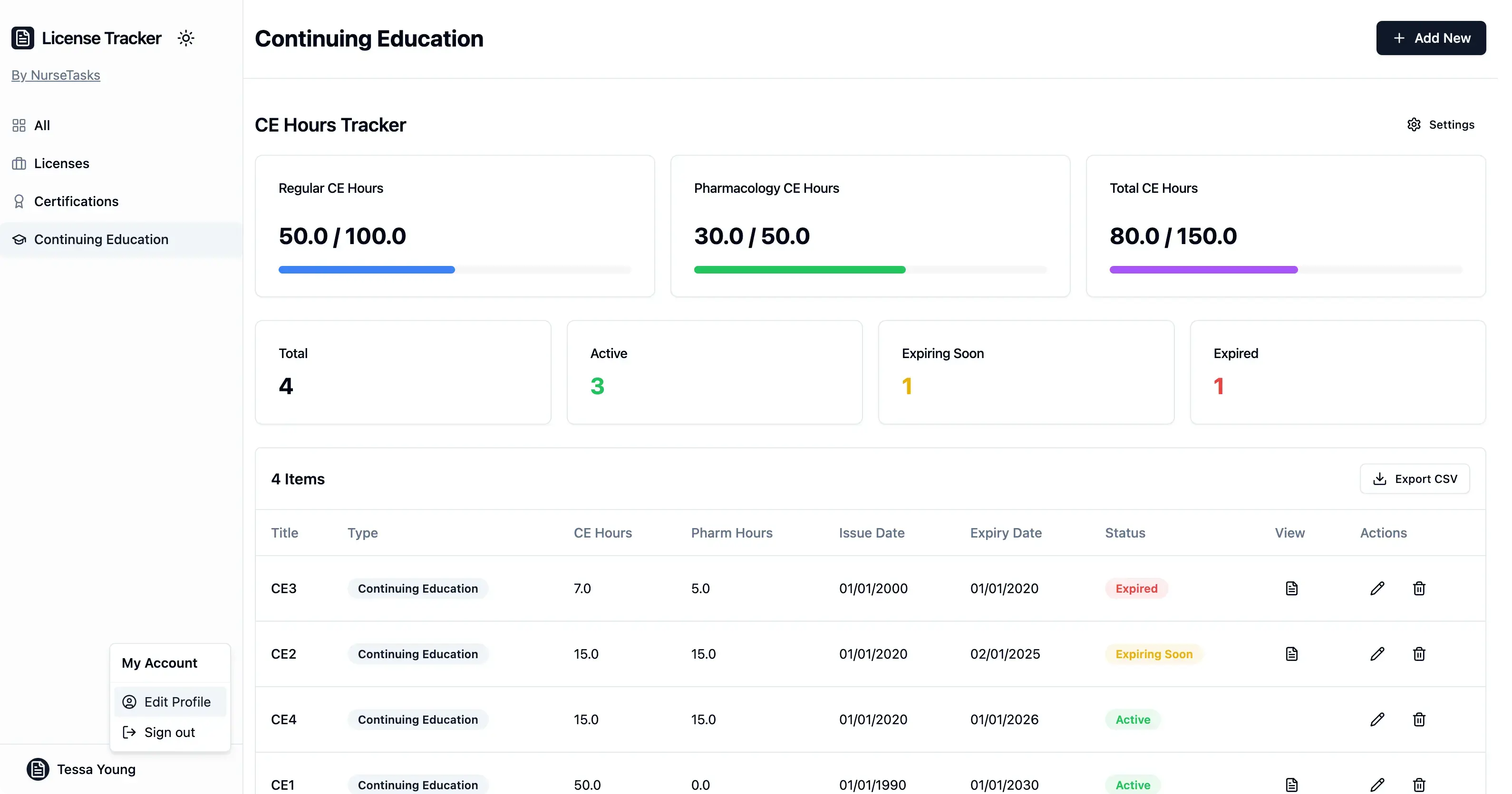 License Tracker app screen