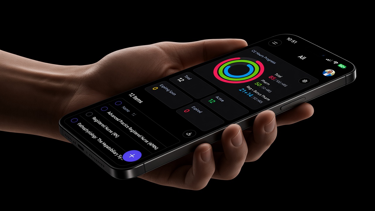 License Tracker on iPhone, held at a low angle, showing CE hours, license status, and upcoming renewals