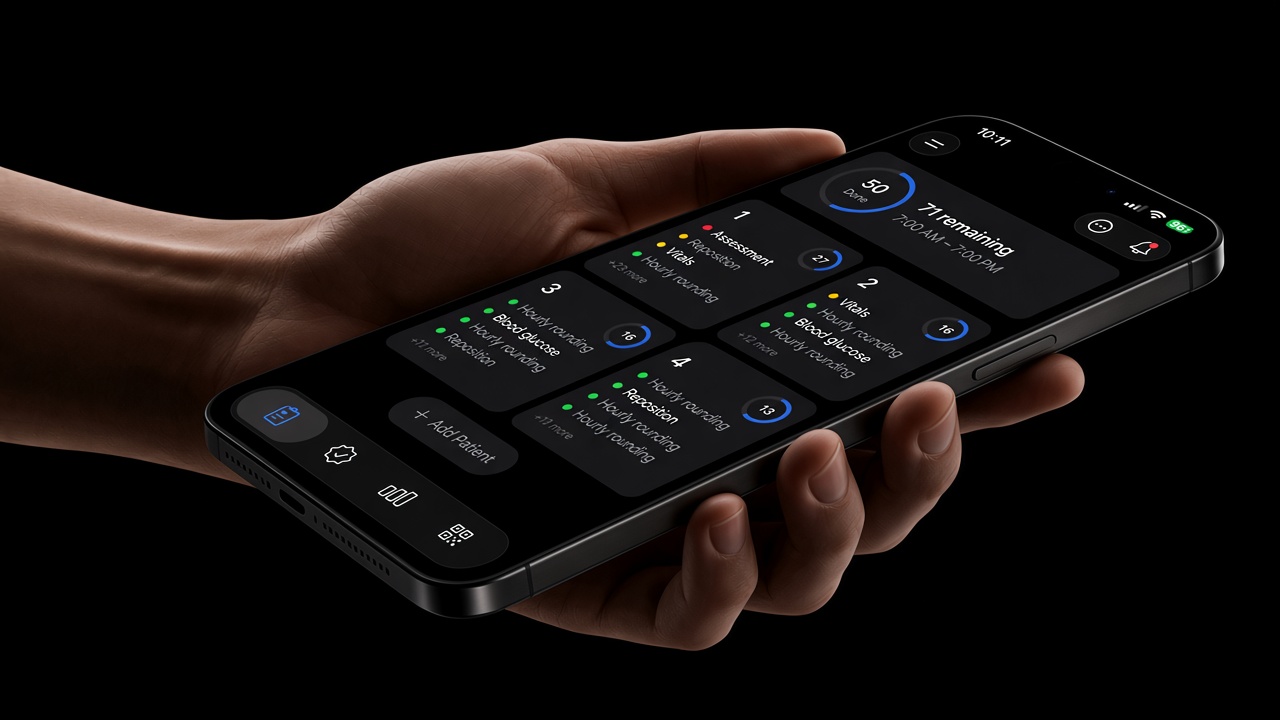 HealthTasks Professionals on iPhone, held at a low angle, showing a shift with remaining tasks grouped by patient