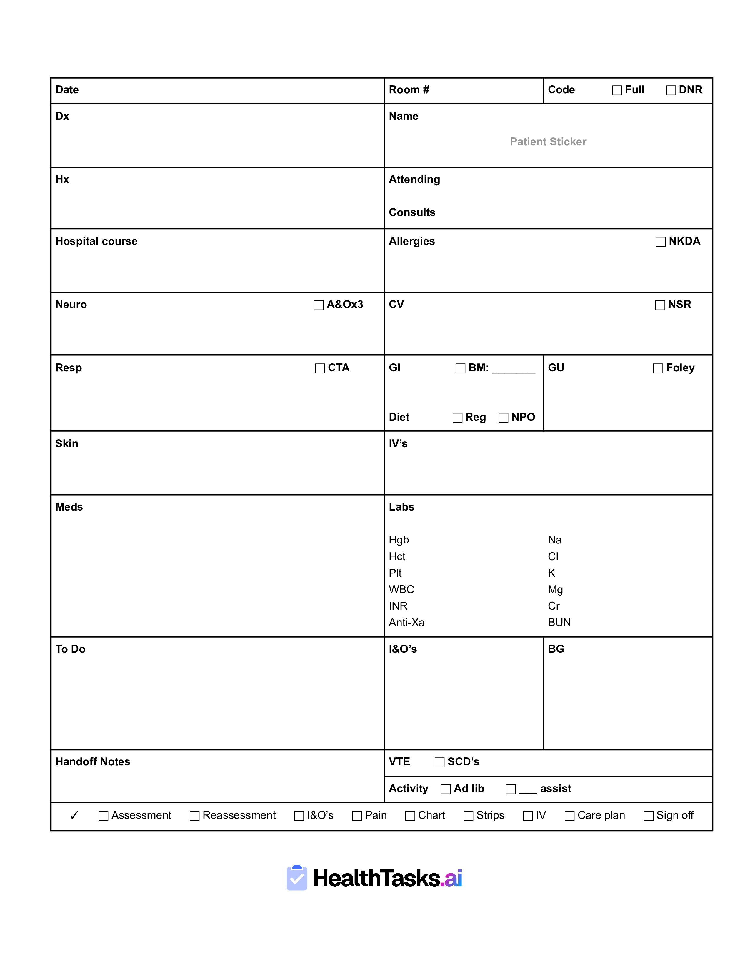 Full-size Nurse Report Sheet Template