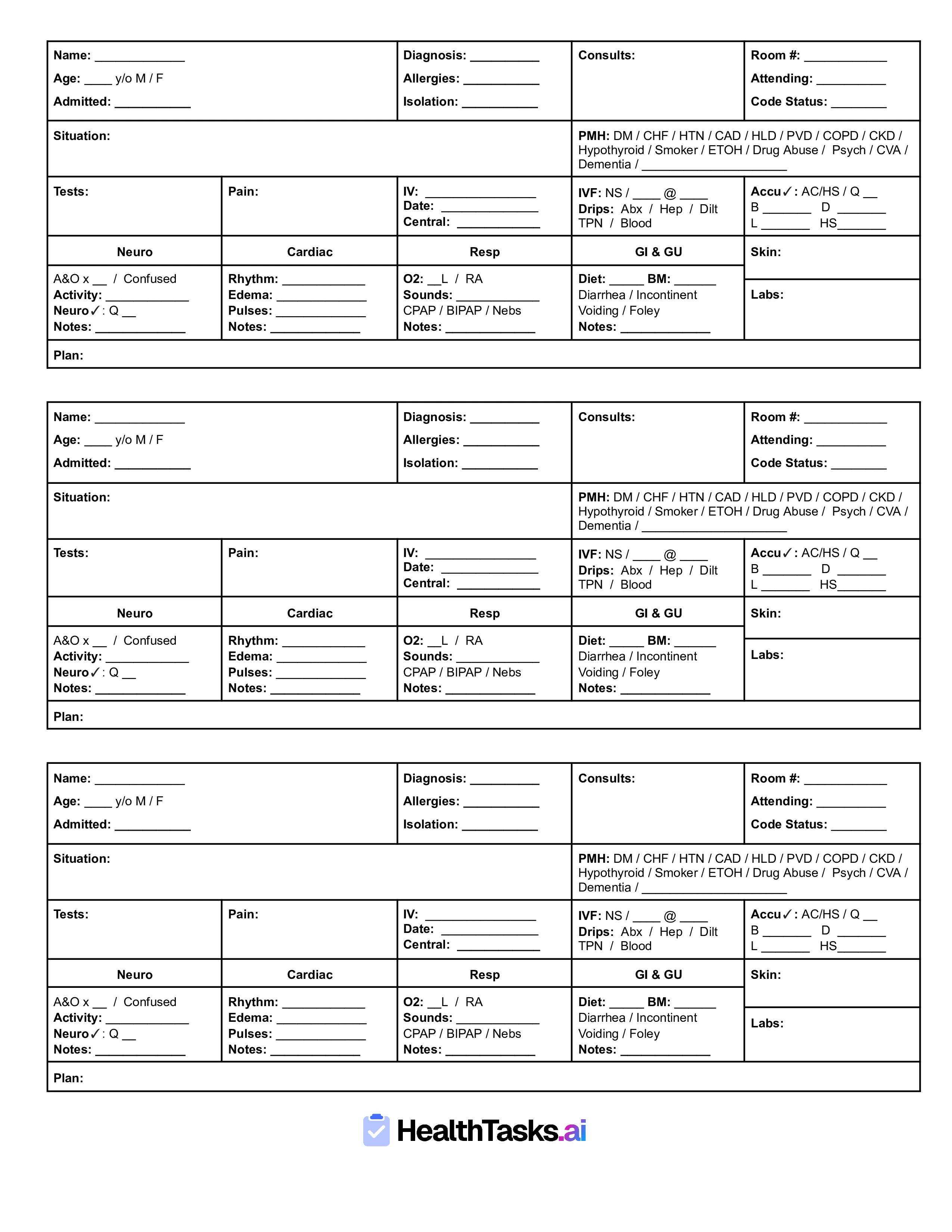 Mini SBAR Nursing Report Sheet