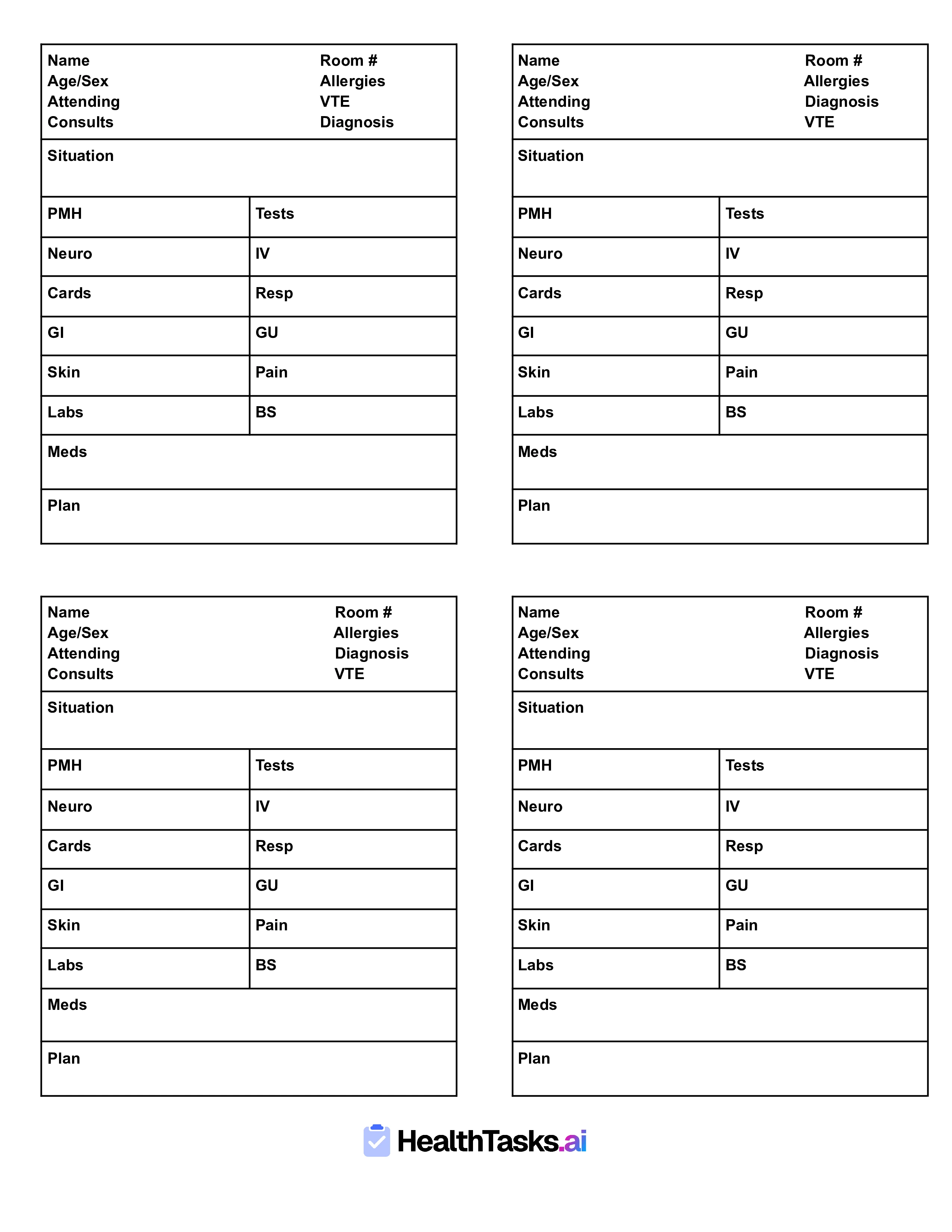 Four Patient Nurse Report Sheet