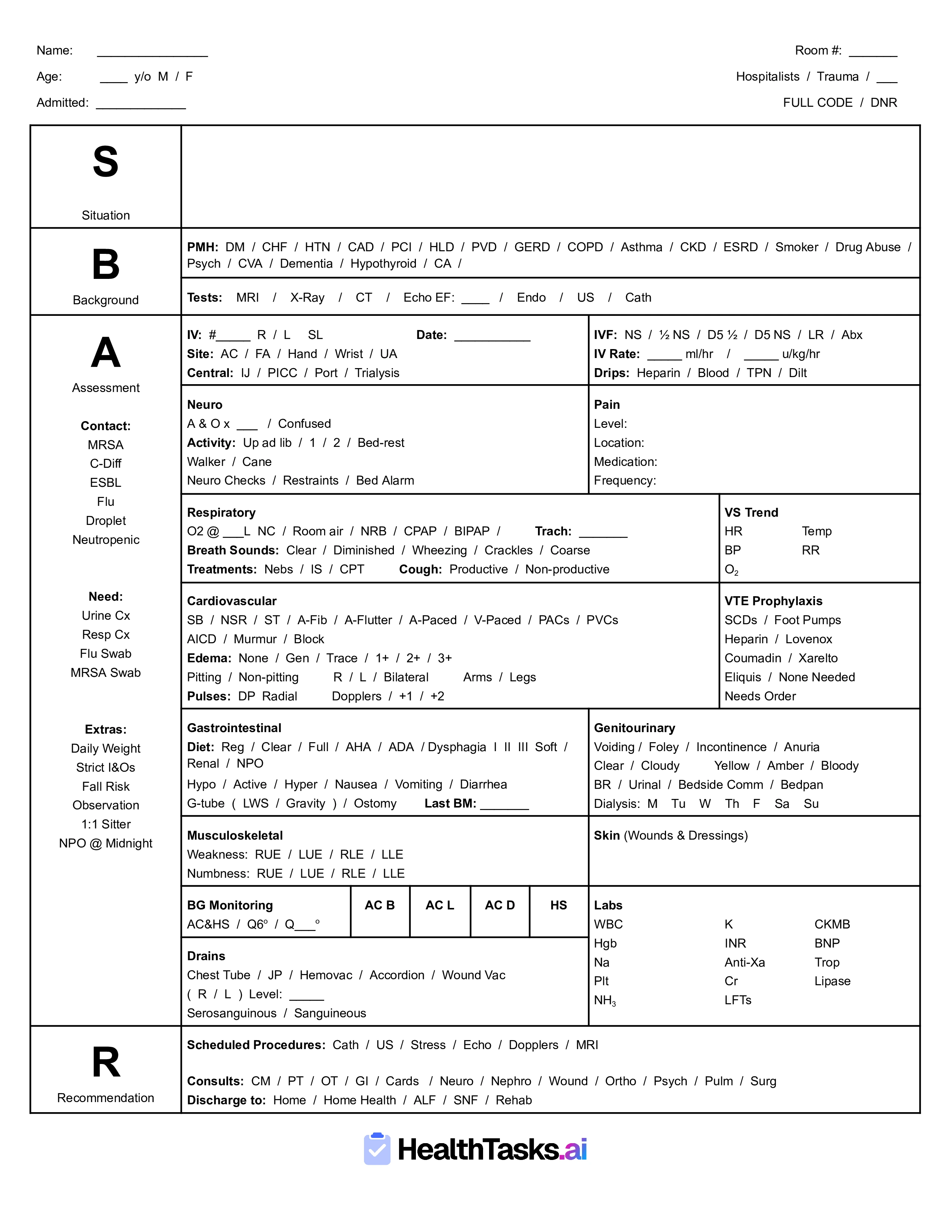 Full-Size SBAR Nurse Report Sheet