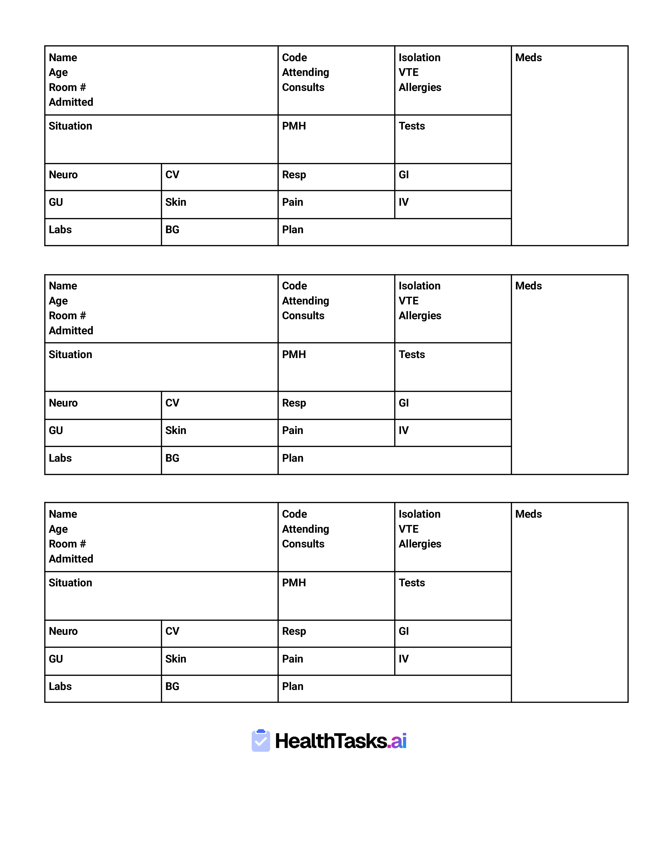 Three Patient SBAR Nurse Report Sheet